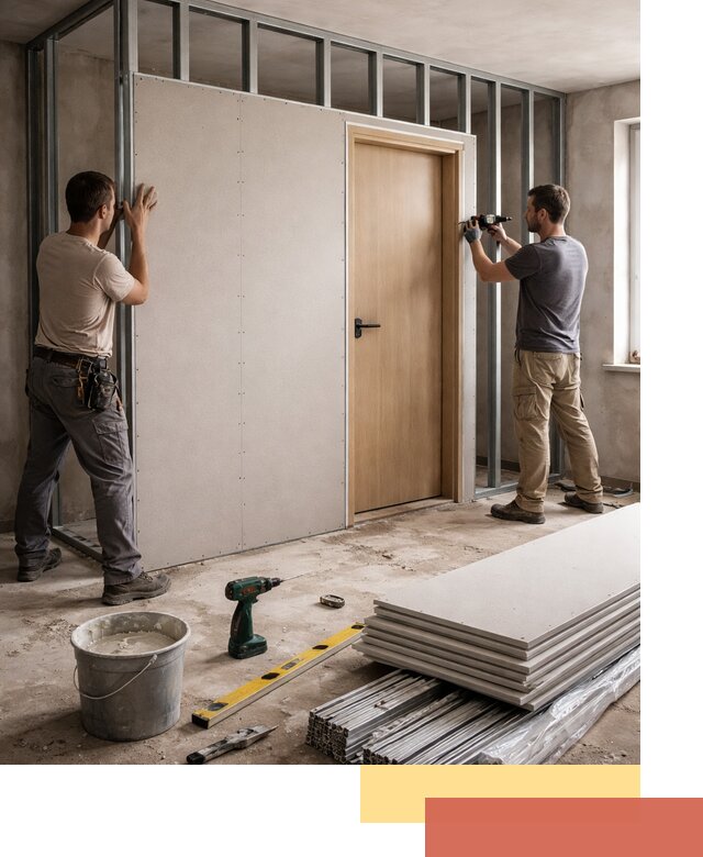 Перегородка из гипсокартона с дверью под ключ в Похвистнево